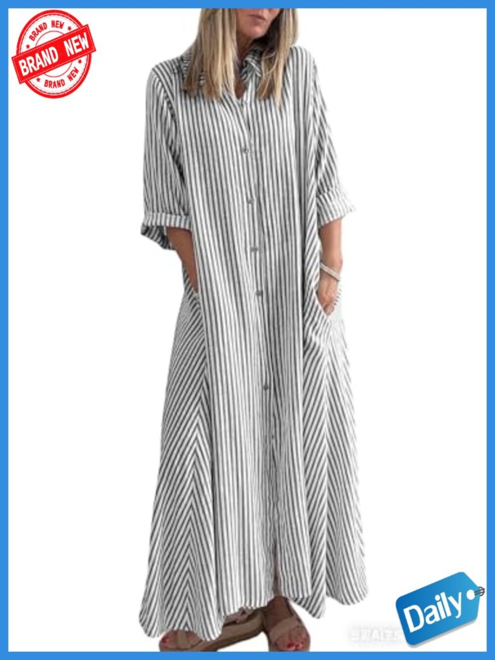 Women Boho Striped Maxi Shirt Dress 3/4 Sleeve V-Neck Button Down Business